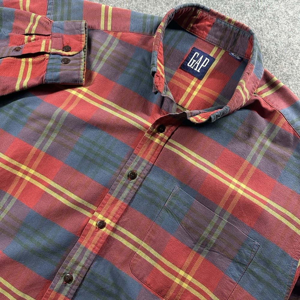 Gap Button Down Shirt Mens XL Red Blue Yellow Plaid Long Sleeve 90s Vintage
